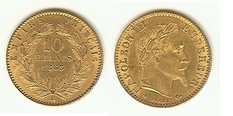 10 Francs Gold Napoléon III 1863BB Strasbourg gEF